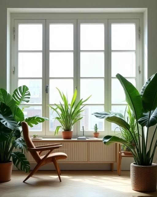 Espacio de trabajo moderno lleno de plantas naturales y luz solar